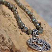 Load image into Gallery viewer, Haven Mala with 4-Petal Guru Bead and Silver Ohm pendant